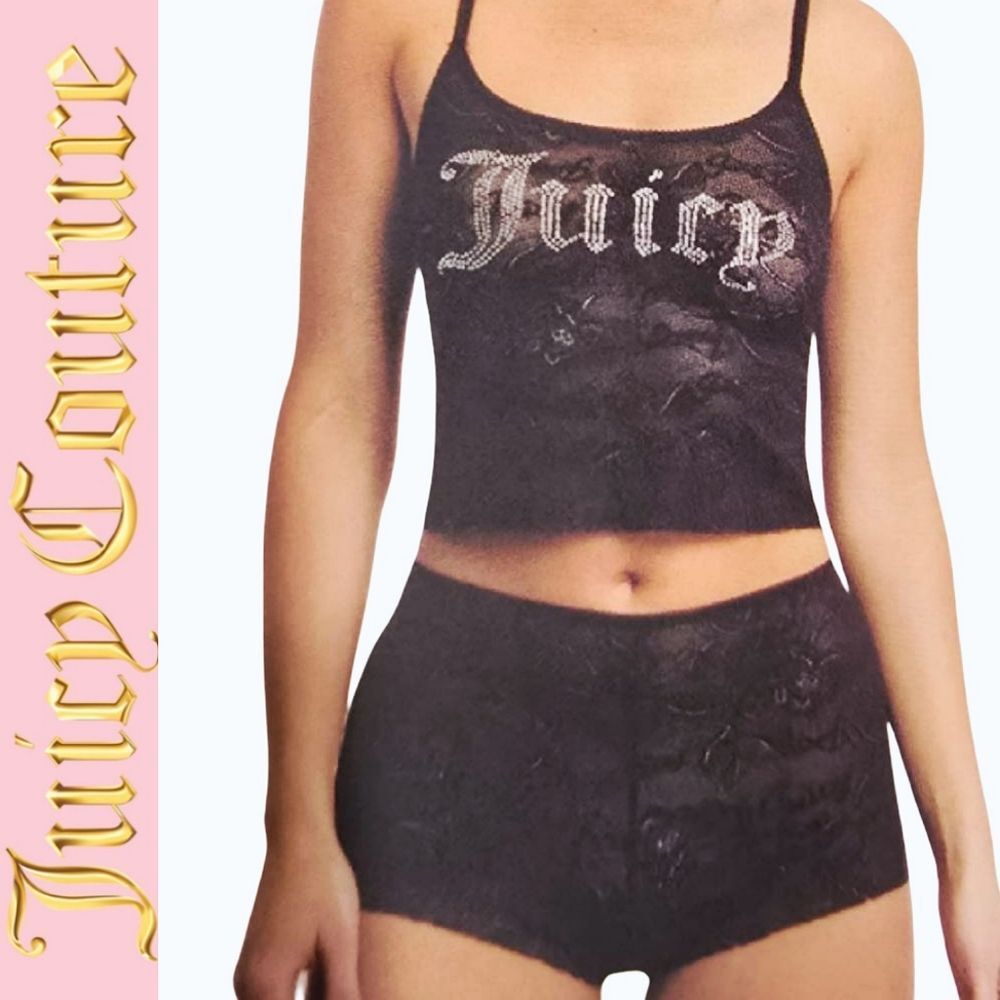 Juicy Couture Rhinestone Logo Lace Cami &‎ Short Set- Black
